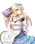  alice_(wonderland) bare_shoulders blonde_hair blue_eyes bow bowtie breasts bunny cat cleavage commentary copyright_name detached_sleeves doll dress fuya_(tempupupu) hair_bow jewelry large_breasts long_hair necklace original simple_background solo uncraft_world watermark white_background wristband 
