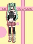  black_legwear boots breasts camisole casual choker collarbone copyright_name fashion fuku_(mahoeshi) full_body green_eyes green_hair hands_in_pocket hatsune_miku hood hood_down hoodie jitome long_hair looking_at_viewer pleated_skirt raglan_sleeves skirt small_breasts solo spaghetti_strap thighhighs twintails vocaloid zettai_ryouiki 