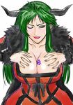  blush breasts choker cima_garahau cleavage cosplay dress fur_trim green_hair grin gundam gundam_0083 horns large_breasts lips lipstick long_hair looking_at_viewer makeup maou_(maoyuu) maou_(maoyuu)_(cosplay) maoyuu_maou_yuusha nyantamaran one_eye_closed sketch smile solo sweat yellow_eyes zeon 