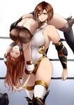  apollonia_vaar black_armor braid breasts brown_eyes brown_hair carrying closed_eyes granblue_fantasy green_eyes hair_between_eyes large_breasts lecia_(granblue_fantasy) leotard long_hair multiple_girls short_hair standing sweat tobisawa wrestling 