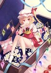  apple ascot blonde_hair bloomers bobby_socks bow coffin dress flandre_scarlet flower food fruit fukahire_(ruinon) hat hat_bow mob_cap no_shoes open_mouth puffy_short_sleeves puffy_sleeves red_dress red_eyes revision shirt short_sleeves side_ponytail sitting smile socks solo starry_sky_print touhou underwear wings wrist_cuffs 