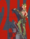  alexey_lipatov blonde_hair boots braid breasts brown_gloves from_side full_body garrison_cap gloves hand_on_hip hat hits long_hair medium_breasts no_bra nose original overalls paint_can paint_splatter paintbrush shirtless sideboob single_braid smile solo strap_slip tool_belt 