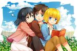  2boys :t armin_arlert black_hair blonde_hair blue_eyes blush book brown_eyes brown_hair child cloud day dress eren_yeager flower group_hug hug hug_from_behind jacket mikasa_ackerman moxue_qianxi multiple_boys scarf shingeki_no_kyojin short_hair sky sweatdrop younger 