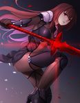  bodysuit breasts fate/grand_order fate_(series) glint gradient gradient_background high_heels highres kkkok_a large_breasts long_hair looking_at_viewer parted_lips pauldrons polearm purple_bodysuit purple_hair red_eyes scathach_(fate)_(all) scathach_(fate/grand_order) solo very_long_hair weapon 