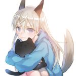  animal_ears blonde_hair blue_eyes blush eila_ilmatar_juutilainen frown highres hood hoodie hug knees_to_chest leg_hug long_hair object_hug sitting solo strike_witches stuffed_animal stuffed_cat stuffed_toy tail world_witches_series yamori_(stom) 