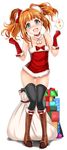  aqua_eyes bad_id bad_pixiv_id bag bare_shoulders black_legwear blush boots box brown_hair collarbone cross-laced_footwear dress elbow_gloves gift gift_box gloves hair_ornament head_tilt idolmaster idolmaster_(classic) inu_(marukome) looking_at_viewer open_mouth red_gloves santa_costume short_dress smile solo spoken_sparkle takatsuki_yayoi thighhighs thighs twintails 