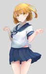  bandaid bandaid_on_face bandaid_on_leg blush brown_hair clenched_hands comah grey_background kantai_collection looking_at_viewer oboro_(kantai_collection) outstretched_wrists pleated_skirt school_uniform serafuku short_hair simple_background skirt smile solo thighs w_arms wind yellow_eyes 