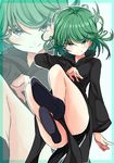  ahoge bare_legs black_dress black_footwear blush border curly_hair dress full_body green_border green_eyes green_hair long_sleeves looking_at_viewer noa_(nagareboshi) one-punch_man shoes short_hair smirk solo tatsumaki 