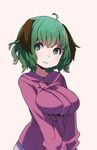  ahoge animal_ears aqua_eyes breasts face green_hair highres kasodani_kyouko large_breasts long_sleeves looking_at_viewer namauni shirt smile solo touhou upper_body v_arms 