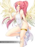  angel_wings bare_legs bare_shoulders blush bracelet breasts cleavage commentary copyright_name dress forehead_jewel fuya_(tempupupu) jewelry large_breasts looking_at_viewer one_eye_closed original pelvic_curtain ponytail purple_eyes red_hair simple_background sleeveless solo thigh_strap thighs uncraft_me! watermark white_background white_dress wings 