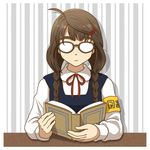  ahoge aopanda armband book braid brown_hair eyebrows freckles glasses hair_ornament hairclip idolmaster idolmaster_cinderella_girls long_hair okuyama_saori opaque_glasses open_book ribbon solo twin_braids 