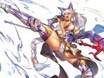  abs animal_ears armor armored_boots boots braid breasts brown_eyes commentary_request covered_navel erune gauntlets granblue_fantasy heles holding holding_weapon kicking large_breasts long_hair melon22 metal_boots open_mouth polearm sideboob silver_hair solo teeth thigh_boots thighhighs thighs trident very_long_hair weapon wolf_ears 