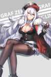  1girl azur_lane bangs black_legwear breasts cleavage eyebrows_visible_through_hair fur_trim gloves graf_zeppelin_(azur_lane) hair_between_eyes hat highres iron_cross large_breasts long_hair pantyhose peaked_cap red_eyes silver_hair solo streya streyah thighband_pantyhose uniform very_long_hair 