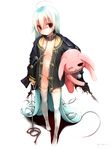  absurdly_long_hair absurdres ahoge blue_hair chain collar highres jacket_on_shoulders long_hair no_bra no_panties ootomoyuuki open_clothes original red_eyes solo standing stitches stuffed_animal stuffed_bunny stuffed_toy thighhighs torn_clothes very_long_hair white_legwear 