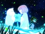  androgynous asriel_dreemurr begging blue_eyes brown_eyes brown_hair bug chara_(undertale) fireflies flower flying frisk_(undertale) glowing hands_together insect magic monster_boy night night_sky outdoors see-through shirt sky spoilers star_(sky) starry_sky striped striped_shirt tenperu_tapio undertale upper_body 