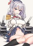  bad_id bad_pixiv_id beret black_legwear blue_eyes blush breasts double-breasted epaulettes gloves hat kantai_collection kashima_(kantai_collection) kneehighs large_breasts looking_at_viewer megumoke miniskirt navel pleated_skirt sitting skirt skirt_lift smile solo turret twintails white_gloves 