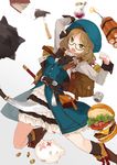  axe backpack bag beef belt blonde_hair blue_vest book boots bow bowtie cheese coin cup dress dynamite food frilled_dress frills fuse glasses green_eyes hair_ornament hairclip hamburger harapeko_(886011) hat knife kukri long_hair open_mouth original piggy_bank potion pouch salad solo sword tomato vest weapon white_dress 
