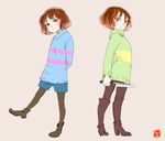  androgynous ankle_boots beige_background black_eyes blush boots brown_hair chara_(undertale) frisk_(undertale) full_body holding holding_weapon knee_boots knife long_sleeves multiple_others pantyhose red_eyes shirt shorts simple_background smile spoilers striped striped_shirt striped_sweater sweater tenperu_tapio undertale weapon 