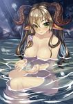  abondz animal_ears areolae breasts brown_hair cleavage collarbone convenient_censoring cupping_hands goat_ears green_eyes highres horns long_hair medium_breasts navel nude onsen original partially_submerged sitting smile solo twintails water 