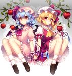  :o apple bat_wings black_footwear blonde_hair blush bobby_socks bow cravat crystal dress flandre_scarlet food frilled_shirt_collar frills fruit full_body gem gradient gradient_background grey_background hair_between_eyes hat hat_bow holding holding_food holding_fruit holding_hands jewelry leaf legs loafers looking_at_viewer masaru.jp mob_cap multiple_girls one_side_up parted_lips pink_dress pointy_ears puffy_short_sleeves puffy_sleeves purple_ribbon red_bow red_eyes red_skirt red_vest remilia_scarlet ribbon sapphire_(stone) shoes short_hair short_sleeves siblings simple_background sisters skirt skirt_set socks touhou vampire vest white_legwear wings 