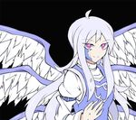 ahoge alternate_eye_color angel_wings aqua_hair armband bad_id bad_pixiv_id black_background blue_dress blue_skin bright_pupils cracked_skin dress emblem fingernails hand_up kenuu_(kenny) layered_dress long_hair long_sleeves looking_at_viewer multiple_wings red_eyes sariel sidelocks silver_hair simple_background smile solo touhou touhou_(pc-98) turtleneck upper_body white_dress white_pupils wings 