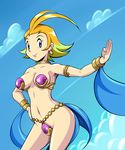  antenna_hair armlet bikini blonde_hair blue_eyes bracelet breasts earrings eyeshadow highres jewelry makeup mature medium_breasts navel neck_ring pepipopo revealing_clothes shantae_(series) shantae_and_the_pirate's_curse short_hair sky's_mother_(shantae) smile solo swimsuit venus_bikini 