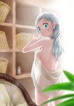  aqua_eyes back bad_id bad_pixiv_id basket long_hair looking_back nude original shelf shoui_(yui_shoui) silver_hair solo towel wet 