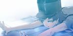  arare_(kantai_collection) black_hair blue_eyes hat kantai_collection lying on_floor on_stomach open_hands open_mouth outstretched_arms school_uniform short_hair short_sleeves solo suspenders tamago_tomato uniform upper_body 