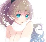  :o bare_shoulders black_ribbon blue_eyes blush breasts cleavage dated fur_trim hair_ribbon highres kantai_collection kumano_(kantai_collection) long_hair looking_at_viewer medium_breasts open_mouth ponytail ribbon scarf signature snowflakes snowing solo tebi_(tbd11) upper_body white_scarf 