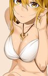 bad_id bad_pixiv_id bare_shoulders beige_background between_breasts blonde_hair breasts cleavage closed_mouth collarbone earrings hair_between_eyes hand_in_hair hand_on_own_head jewelry koko_shiguma large_breasts long_hair navel original pendant simple_background solo stomach upper_body yellow_eyes 