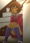  azumanga_daiou blush briefcase brown_eyes brown_hair commentary_request convenient_leg dark_skin head_rest highres kagura_(azumanga_daiou) looking_at_viewer school_uniform shoes short_hair sitting sitting_on_stairs socks solo stairs tan tatsuya_(guild_plus) tsurime 