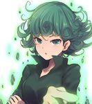 :o absurdres black_shirt blurry blush collar crossed_arms curly_hair dyson_(edaokunnsaikouya) floating floating_rock green_background green_eyes green_hair highres levitation looking_at_viewer md5_mismatch one-punch_man parted_lips shirt short_hair solo tatsumaki upper_body white_background 