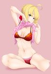  abs ahoge blonde_hair blush breasts cleavage fate/extra fate_(series) green_eyes inamochi_keiichirou medium_breasts navel nero_claudius_(fate) nero_claudius_(fate)_(all) pink_background solo underwear wavy_mouth 