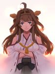  absurdres ahoge bare_shoulders brown_hair crossed_arms detached_sleeves grey_eyes headgear highres japanese_clothes kantai_collection kongou_(kantai_collection) long_hair long_sleeves looking_at_viewer sash smile sola7764 solo very_long_hair wide_sleeves 