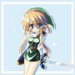  between_breasts blonde_hair blue_eyes blush breasts commentary_request genderswap genderswap_(mtf) hat link long_hair looking_at_viewer medium_breasts open_mouth pointy_ears solo strap_cleavage sword the_legend_of_zelda weapon yuuji_(itadon) 