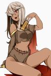  bad_id bad_pixiv_id bangs between_breasts breasts can coffee dark_skin hair_between_breasts head_tilt koko_shiguma long_hair midriff off_shoulder one_eye_closed open_mouth original red_eyes silver_hair simple_background sitting solo stomach torn_clothes 