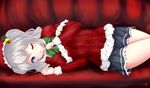  aran_sweater bad_id bad_pixiv_id bell blue_eyes capelet christmas couch finger_to_mouth fur_trim hair_bell hair_ornament hat kantai_collection kashima_(kantai_collection) looking_at_viewer lying miniskirt myuu_(arisumeria) on_side one_eye_closed santa_hat short_hair short_twintails silver_hair skirt solo sweater twintails 