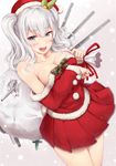  alternate_costume blue_eyes blush breast_hold breasts cannon detached_sleeves hair_between_eyes hat highres ichikawa_feesu kantai_collection kashima_(kantai_collection) large_breasts looking_at_viewer miniskirt off_shoulder open_mouth pleated_skirt santa_costume santa_hat skirt solo twintails wavy_hair 
