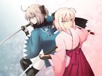  ahoge black_ribbon black_scarf blonde_hair dual_persona fate_(series) hair_ribbon hakama holding holding_sword holding_weapon japanese_clothes katana kimono koha-ace looking_at_viewer meiji_schoolgirl_uniform migiha multiple_girls okita_souji_(fate) okita_souji_(fate)_(all) purple_hakama ribbon scarf shinsengumi short_hair sword weapon yellow_eyes 