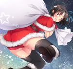  ass bag belt black_hair black_legwear blush boots brown_footwear buruma christmas commentary_request dress fur gloves headband holding holding_bag kantai_collection looking_at_viewer looking_back nagara_(kantai_collection) night night_sky one_side_up open_mouth panties panties_under_buruma red_dress red_gloves sack santa_costume short_hair sk02 skirt sky solo star thighhighs underwear white_panties 