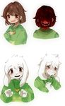 androgynous asriel_dreemurr bad_id bad_tumblr_id blood bloody_tears blush brown_hair chara_(undertale) clenched_teeth crying crying_with_eyes_open green_eyes heart heart_necklace jewelry koyashaka monster_boy necklace red_eyes shirt smile spoilers striped striped_shirt tears teeth undertale 