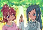  aida_mana bangs blue_bow blue_eyes blue_hair blue_shirt blue_vest blush bow bush dappled_sunlight dokidoki!_precure hair_bow hishikawa_rikka long_hair long_sleeves looking_at_viewer multiple_girls namicha nature palms_together pink_bow pink_eyes pink_hair pink_shirt plant ponytail precure ribbon shirt short_hair smile sunlight swept_bangs tree vest 