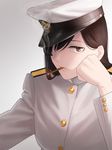  amino_(tn7135) bad_id bad_pixiv_id brown_eyes brown_hair buttons chin_rest cigarette female_admiral_(kantai_collection) hair_over_one_eye hat kantai_collection lips looking_at_viewer smoking solo uniform 