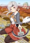  787_(airplane) aircraft airplane airport bangs blush bow chitose_(kantai_collection) city closed_eyes full_body giantess grey_eyes hands_on_own_cheeks hands_on_own_face headband high_ponytail highres hokkaido ichikawa_feesu japanese_clothes kantai_collection long_hair looking_at_viewer miniskirt mountain multiple_girls new_chitose_airport open_mouth pantyhose perspective pleated_skirt ponytail river seiza silver_hair sitting skirt smile swept_bangs translated yuubari_(kantai_collection) 