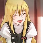  amino_(tn7135) bad_id bad_pixiv_id blonde_hair closed_eyes kirisame_marisa laughing no_hat no_headwear open_mouth signature solo touhou upper_body vest 