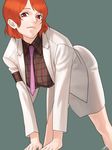  amino_(tn7135) bad_id bad_pixiv_id bent_over breasts cross formal horikawa_raiko inverted_cross large_breasts looking_at_viewer necktie plaid plaid_shirt pose red_eyes red_hair shirt short_hair signature simple_background skirt solo spread_legs suit touhou white_skirt white_suit 