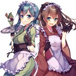  :d apron brown_hair commentary_request gloves green_hair grin japanese_clothes kantai_collection kimono kumano_(kantai_collection) kureaki_(exit) maid_headdress menu multiple_girls open_mouth smile suzuya_(kantai_collection) tray wa_maid waitress 