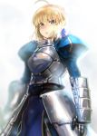  1girl ahoge armor artoria_pendragon_(all) blue_dress blue_eyes blush braid breastplate dress fate/stay_night fate_(series) gauntlets highres iku_(ikuchan_kaoru) looking_at_viewer parted_lips saber solo 