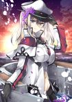  blonde_hair blue_eyes breasts capelet flower gloves graf_zeppelin_(kantai_collection) hat kantai_collection konataeru large_breasts long_hair looking_at_viewer machinery navel peaked_cap smile solo twintails 