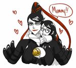  amulet arms_around_neck bayonetta bayonetta_(character) black_hair cereza cleavage_cutout commentary eyeshadow glasses hair_ribbon heart hug hug_from_behind kitsune23star lipstick long_hair makeup mole mole_under_mouth multiple_girls one_eye_closed ribbon smile 